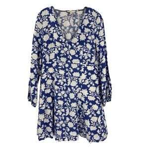 Boden Linen Floral Babydoll Cottagecore VNeck Puff Sleeve Dress Blue & White 8